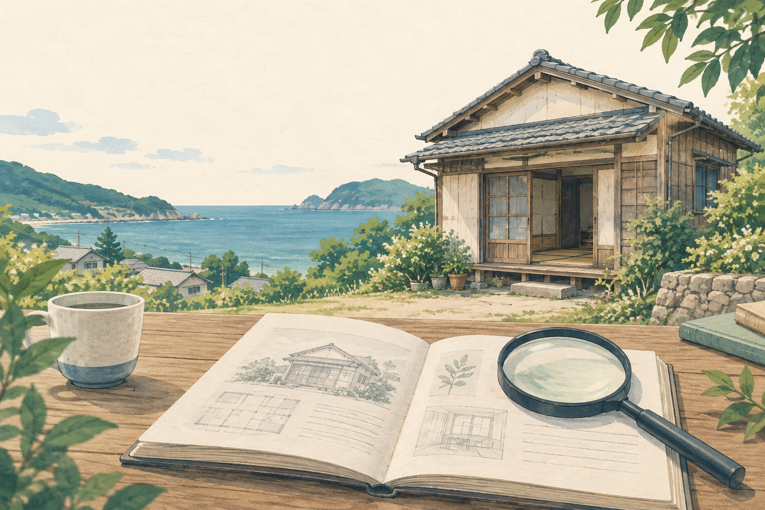 海辺の古い木造住宅と、住宅図面を広げたノートを描いた説明用イラスト