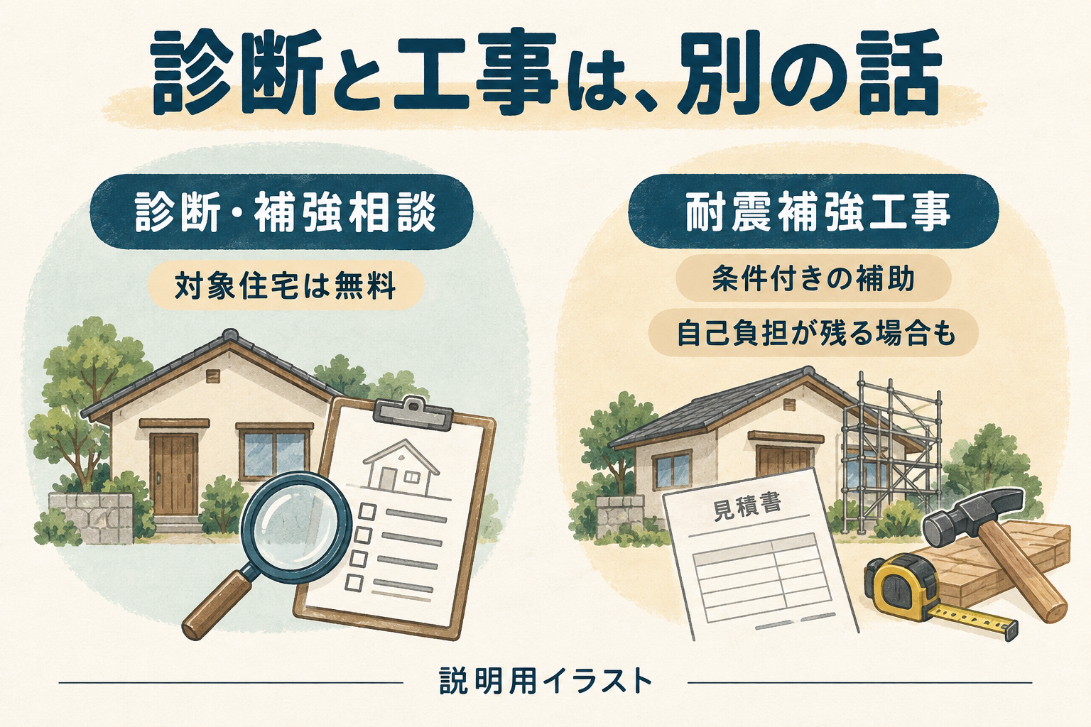 診断と工事は別の制度。対象住宅は無料の診断・補強相談、補強工事は条件付きの補助で自己負担が残る場合もあることを示す図