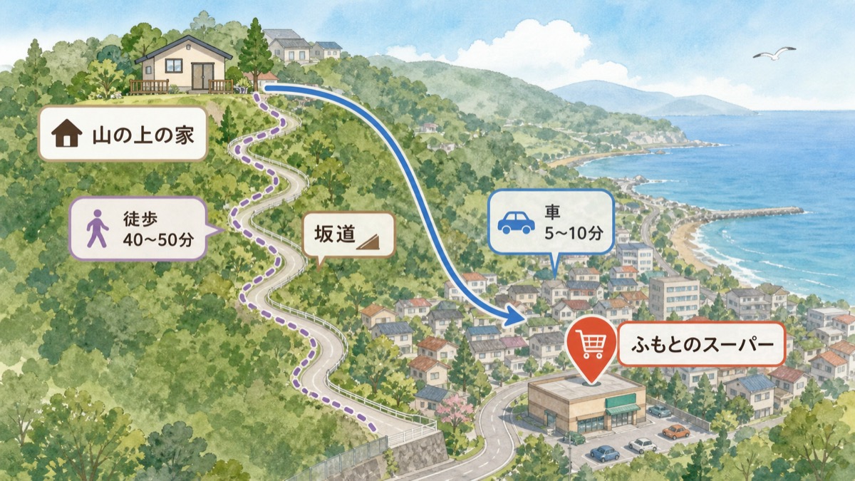 伊東の山の上の家とスーパーナガヤ鎌田店の位置関係イメージ図